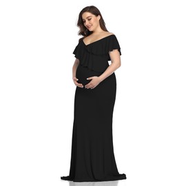 YnimioAOX Maternity Long Dress Ruffles Elegant Maxi Photography Dress Stretchy Slim Gowns for Photoshoot,Black,X-Large