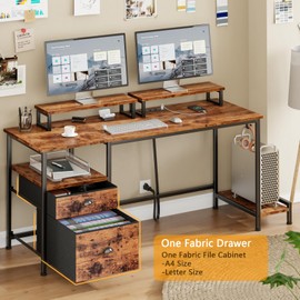 Furologee 47" Computer Desk with File Cabinet and Power Outlets, Home Office Desk with 2 Monitor Stands and Storage Drawer, Writing Gaming Table with Shelves and 2 Hooks for Bedroom, Rustic Brown