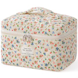 HBselect Quilted Makeup Bag for Women, Floral Cotton Cosmetic Bag Large Travel Makeup Bag Coquette Aesthetic Toiletry Bag