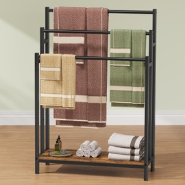 46" Extra Large Freestanding Towel Rack Stand for Bathroom, 3 Tier Blanket Ladder Holder, Outdoor Bath Towel Drying Rack with Shelf, Next to Tub or Shower, Quilt Rack, Rustic Brown and Black