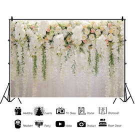 15x10ft Wedding Backdrop White Curtain Floral Wedding Ceremony Photography Background Bridal Shower Party Decor Lover Engagement Proposal Prom Banner Newborn Baby Shower Party Vinyl Wallpaper