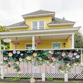 Rose Fence Banner 118x35 Inch - Pink Blossom Vinyl Flag for Rustic Wedding Arch, Porch Decor, Cottagecore Aesthetic