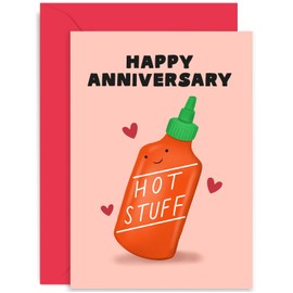 Old English Co. Funny Wedding Anniversary Card for Husband or Wife - Cute 'Hot Stuff' Chilli Hot Sauce Card for Men or Women - Boyfriend, Girlfriend, Fiance, Partner| Blank Inside with Envelope