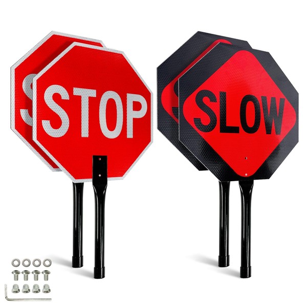 Faittoo Stop Slow Sign with Metal Handle, 2-Pack 18" x