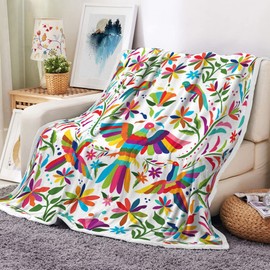 Mexico Floral Throw Blankets, Traditional Mexican Bluebird Otomi Style Bright Pattern Cozy Warm Bed Couch Blanket, Paisley Flowers Ethnic Color White Fleece Flannel Throws Decorate Room and Bedroom