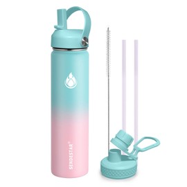 SENDESTAR Stainless Steel Wide Mouth Water Bottle 24oz Double Wall Vacuum Insulated Leak Proof Bottle with New Flex Straw Lid & Spout Lid