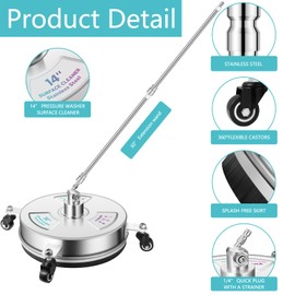 Tecoloy 14" Pressure Washer Surface Cleaner with 4 Wheels-Stainless Steel Power Washer Accessories for Concrete Driveways Sidewalks Patios Cleaning (14 INCH Silver)