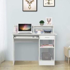 YAHEETECH Desk with Keyboard Tray, Home Office Computer Desk Wooden PC Laptop Desk, Morden Sturdy Study Writing Table, White