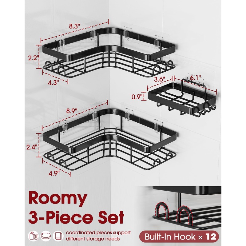 Sakugi Corner Shower Caddy, Large, 2-Pack, Soap Holder & Hooks,