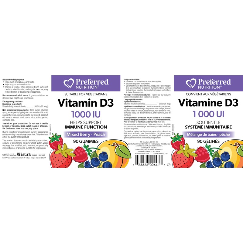 Preferred Nutrition Vitamin D3 1000IU, 90 Gummies, Mixed Berry-Peach, Helps