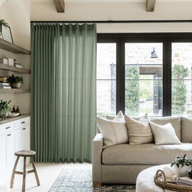 Olive Green Extra Wide Pinch Pleated 100 x 102 Inch Linen Curtains for Living Room Light Filtering Semi Sheer Pleat Drape with Hooks Rings Back Tab for Patio Glass Sliding Door Curtain 102 Inch Long