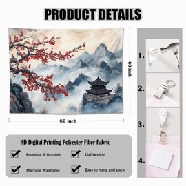 keowhsf Japanese Tapestry Aesthetic Wall Decor – Watercolor Ink Landscape with Red Plum Blossoms and Misty Mountains, Asian Art Hanging for Bedroom, Living Room, Dorm
