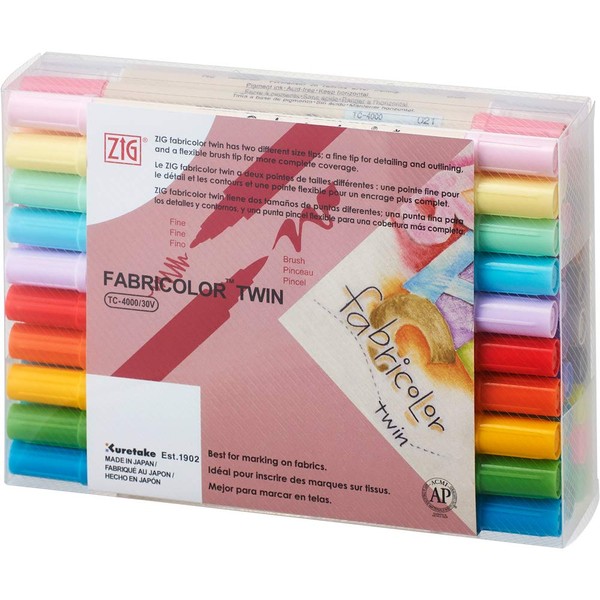 Kuretake ZIG FABRICOLOR TWIN 30 colors set, Fabric marker, 3mm, Flexible Brush Tip for kids, family, beginners, AP-Certified, Non-Opaque, Acid-Free, Lightfast, Odourless, Xylene Free, Made in Japan