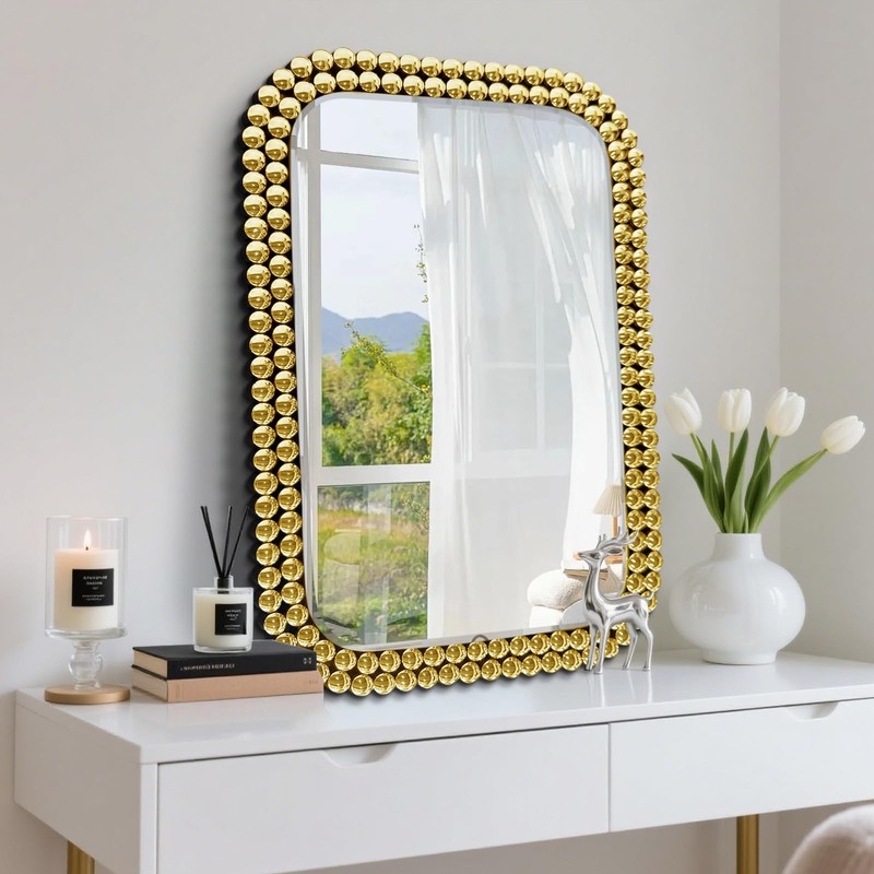 Wall Mount Bathroom Mirror Beaded Framed Baroque Decorative Vanity Mirror
