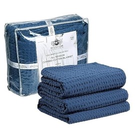HILLFAIR 100% Cotton Blanket- 120" x 120" XXL Oversized King Bed Blankets - Family Size 10 ft x 10 ft Big - Soft Breathable Waffle Blankets for Bed - Extra Large King Cotton Blanket - Blue
