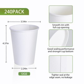 LITOPAK 240 Pack 12 oz Disposable Paper Coffee Cup, White Paper Hot Coffee Cups, Suitable for Party, Picnic, Travel, and Events