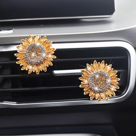 Zpana Bling Sunflower Air Vent Clips, 2PCS Crystal Rhinestone Flower Vehicle Air Outlet Decoration, Cute Diamond Automotive Interior Decor Clamps, Universal for SUV, Truck, RV