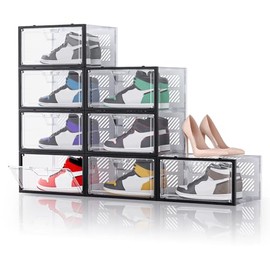 Foluck XX-Large Display Shoe Storage Box, 8 Pack Clear Plastic Stackable Shoe Organizer Containers for Closet, Space Saving Shoe Storage Organizer, Foldable Shoe Rack with Lids, Brown
