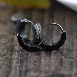 Stayoung Jewellery 2pcs Frosted Stainless Steel Mens Huggie Hinged Hoop Stud Earrings Set, One Pair, Color Black