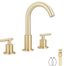 GGStudy 2-Handle Bathroom Faucet 3 Holes 360 Swivel Spout Vantity Faucet Brushed Gold Widespread Bathroom Sink Faucet with Pop Up Drain