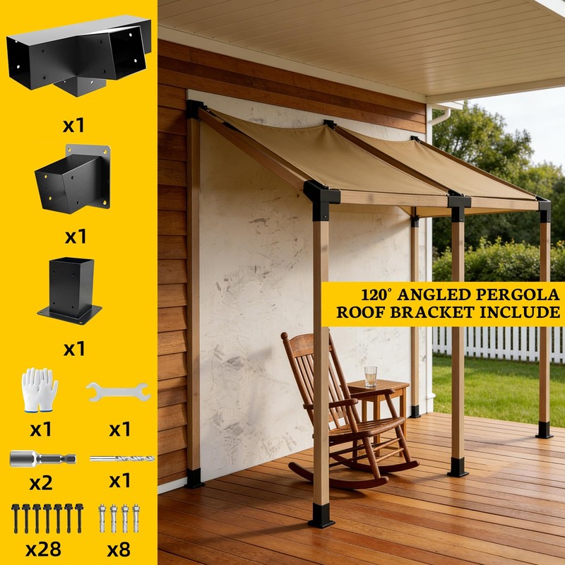 Qrooviiy 15° 4-Way Pegola Bracket Kits,DIY Slant Roof Post Brackets