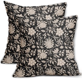 Black Floral Pillow Covers 18x18 Set of 2 Brown Cream Vintage Flower Block Print Pattern Decorative Throw Pillows Farmhouse Outdoor Rustic Square Cushion Cases Decor for Home Sofa Bed Couch