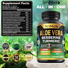 Tenmido Aloe Vera Capsules Supplement - 12in1 Formula - Combine with Berberine, Turmeric, Ceylon Cinnamon, Banaba Leaf, Gymnema Sylvestre, Acai Berry, Bergamot, Garlic, and More - 120 Capsules