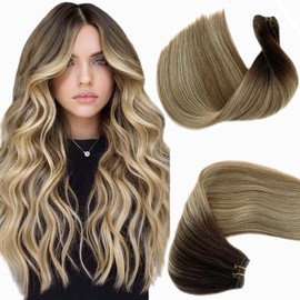 Sew in Hair Extensions Real Human Hair Weave Bundles Ombre Balayage Dark Brown to Bleach Blonde Sew in Hair Bundles Hand Tied Weft Hair Extensions Human Hair Wefts Sew in Remy Hair Extensions 12”