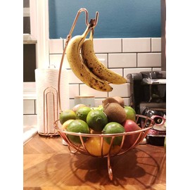 BaHoki Essentials Fruit Tree Bowl with Foldable Banana Hanger, Wire Storage Basket (Copper/Rose Gold)