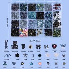 editTime Black 3D Mix Color Nail Art Charms Kit, Resin Camellia Rose Magritte Flower Butterfly Bow Moon Heart Love Star Bear Snake Crown Hollow Pearl Nail Charms with Tweezers and Pickup Pen(C5-black)