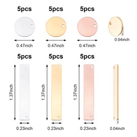 WANDIC 30 Pieces Metal Stamping Blank Pendants for Bar Charm Rectangular Round Name Plate Horizontal Brass Pendants for Jewellery Making DIY Crafts