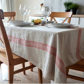 Linen & Cotton Luxury Vintage Shabby Chic Rustic Tablecloth Provence - 100% Linen, Beige Natural Red (136 x 136 cm) Tablecloth Fabric Table Linen Square for Home Kitchen Decoration Living Room