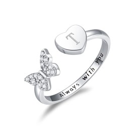 LOVPEPY Initial Letter Ring for Women, Silver Stackable Heart Butterfly Alphabet Rings with Initial Adjustable Crystal Inlaid always with you Rings Mom Mother's Day Graduation Friendship Gift, Metal,