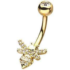 Pierced Owl CZ Crystal Honey Bee Belly Button Navel Ring (Gold Tone)