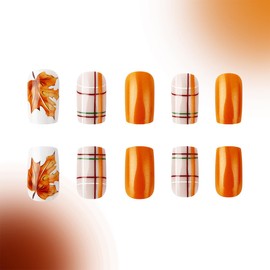 Fall Press on Nails Maple Leaf Fake Nails Stripe False Nail with Design Orange Glue on Nails Glossy Full Cover Artificial Acrylic Stick on Nail for Women Girls Thanksgiving Manicure 24 Pcs