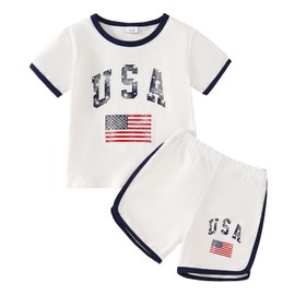 ADXSUN Toddler Boy/Girl 4th of July Outfit USA Tee Shirt Top+American Flag Shorts Independence Day Clothes, White-blue, 3-4 Years