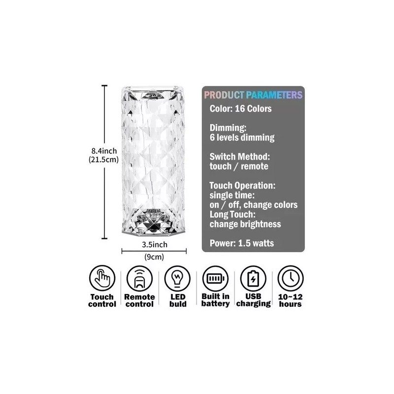 Rose Lampara Diamond 3d Buro Mesa Táctil Led Multicolor Rgb