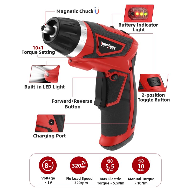 DuroFort Cordless Electric Screwdriver Set, 8V 10Nm Rechargeable Power Electric