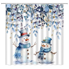 CCXTCZ Christmas Snowman Shower Curtain Cute Blue Snowman Eucalyptus Leaf Xmas Winter Holiday Fabric Bathroom Decor Curtains with Hooks,Blue White