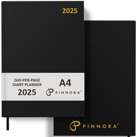 Pinnora Diary 2025 A4 Day Per Page, Black Year Planner Organiser Diary 2025 Day Per Page, 2025 Planner, Home, School & Office, Hard Back 2025 Diaries, A5 & A4 2025 Diary in Day Per Page & Week To View