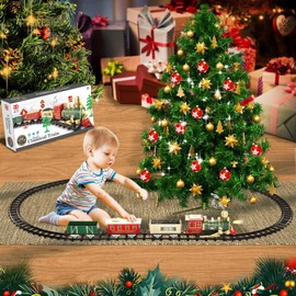 JUQU Christmas Train Set for Kids Ages 3-8 – Battery Operated Toy Train with Lights, Sounds, 3 Cars & 10 Tracks, Classic Christmas Tree Train Set for Under or Around Tree Gift