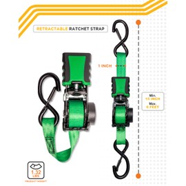 Strapinno 4pcs Retractable Ratchet Straps Bundle 1in x 6ft Ratchet Tie Down with Rubber Coated Steel Handle, S Hooks, Breaking Strength 1500 lbs Each (Green Strap, Black Coated)