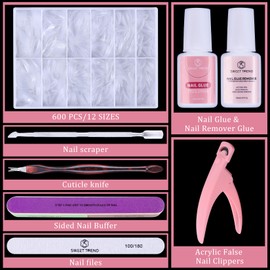 Almond Fake Nail Tips Medium: 600Pcs Full Cover Nail Tips for Acrylic Nails Professional Clear Nail Tip with Nail Glue Remover & Glue Acrylic False Nail Clippers Art Nail Extension Kit for Home Salon