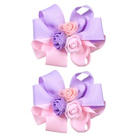 Flower Hair Bow Clips 3 Inch Handmade Kids Girls Cute Hairpins Grosgrain Ribbon Rose Hair Accessories for School Party Prom, Purple&Pink