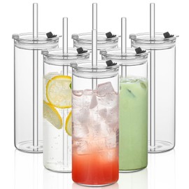 KEMORELA 6-Pack 18oz Large Round Glass Cups with Lids & Straws – Clear Tumblers for Iced Coffee, Juice, Smoothies – Reusable, Leakproof Beverage Set