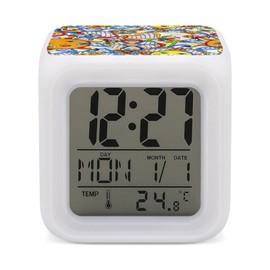 Colorful Mexican Traditional Talavera Ceramic Ethnic Folk Motifs Mini Digital Alarm Clocks, Wake Up Bedside Clock, LED Night Glowing Cube Clock Desk Table Clock with Data and Temperature Gift