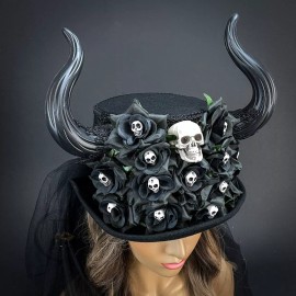 Beyond Masquerade Ram Skull Horns Steampunk Costume Hat Headpiece Top Hat Plague Doctor Florals Bl