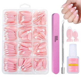 False Nail Tips Kit - 240Pcs Pink Almond Press On Nails with Glue - Fake Nails French False Nails - Full Cover Stick on Nail for Women Girls Nail Art Manicure Decorations