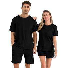 EISHOPEER Pajamas 2 Piece Lounge Sets Ribbed Knit Matching Outfits T-Shirt and Shorts Sleepwear Loungewear Summer Sweatsuits Black Medium