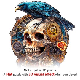 KAAYEE Wooden Puzzles for Adults, 3D Visual Effect Raven & Mechanical Skull Wooden Jigsaw Puzzle Unique Shape Wood Puzzle Adult, 3D Effect Flat Puzzle Birthday Family Games (S-8.5 * 7.5in-95pcs)